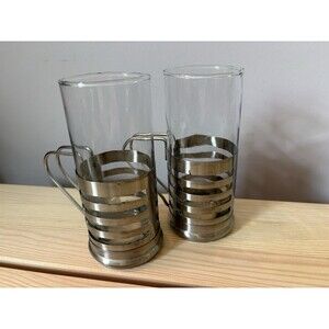 Vtg. MCM Glass Coffee Mugs with Metal Holder Set of 2